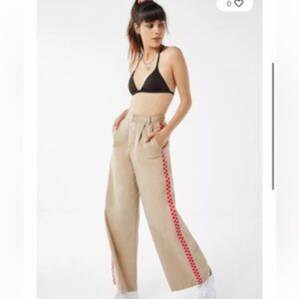 Lazy Oaf Checkered Stripe Wide Leg Khaki Track Pants Trousers size 24
